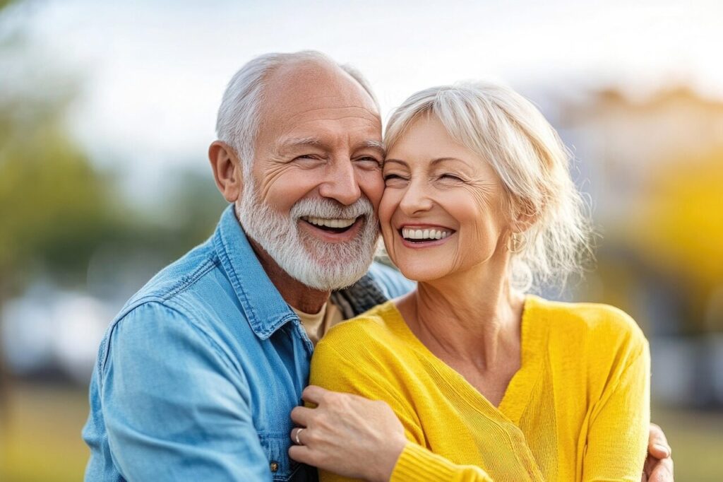 ai generated, elderly love, senior, couple, senior couple, elderly, love, happy, outdoors, smiling, sunny, bright, embrace, embracing smile, bright day